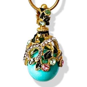 STERLING SILVER TURQUOISE Faberge Art Deco Egg Pendant Swarovski Crystals Gold